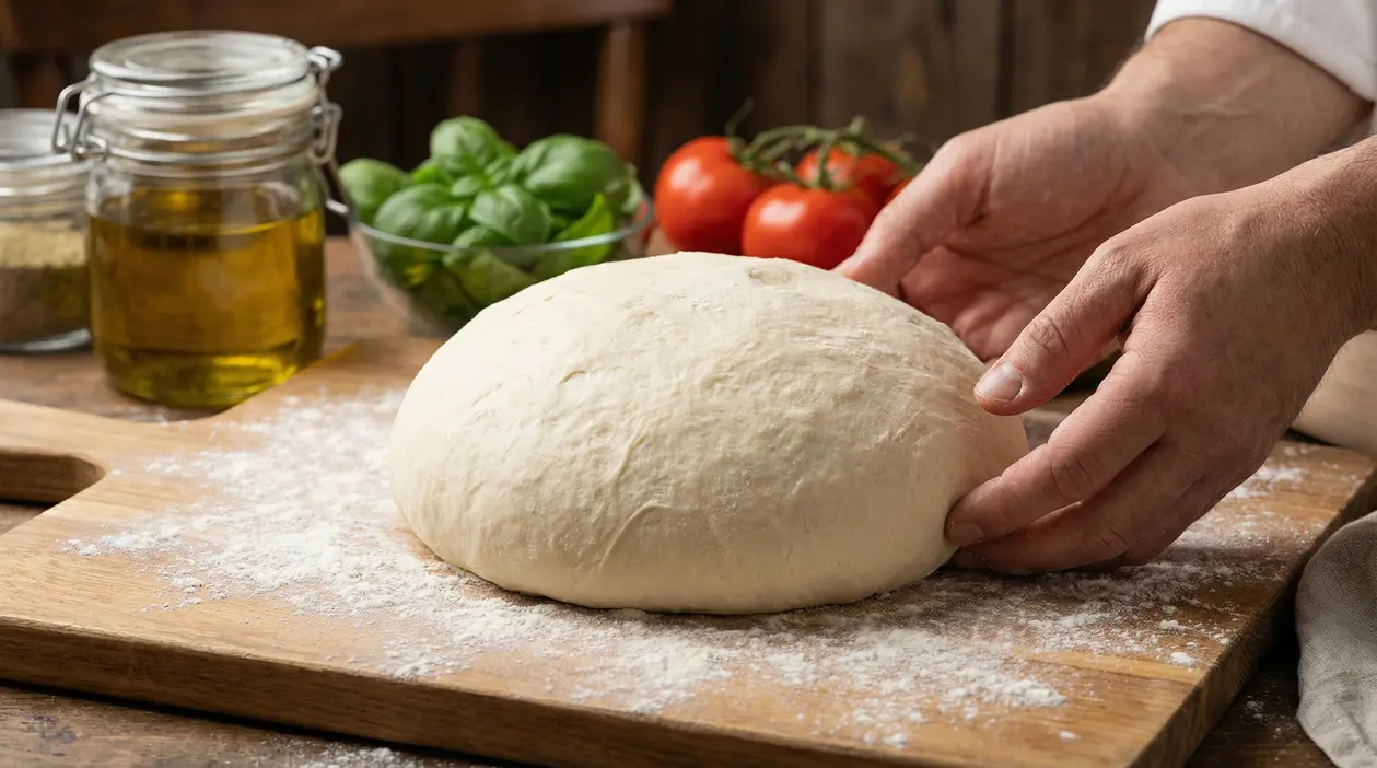 Impasto per pizza soffice su una spianatoia infarinata con mani che lo modellano