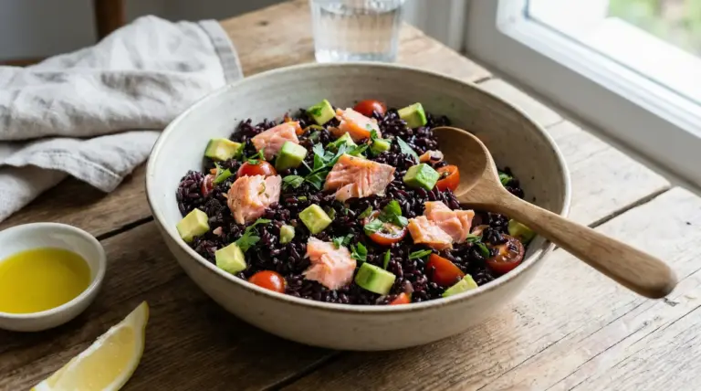 Insalata di riso venere con salmone, avocado e pomodorini in una ciotola su tavolo di legno