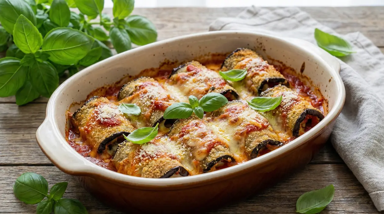 Involtini di melanzane al forno con prosciutto e formaggio in una teglia di ceramica