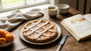 Crostata alle albicocche su un tavolo rustico con tazza di caffè e ricettario aperto