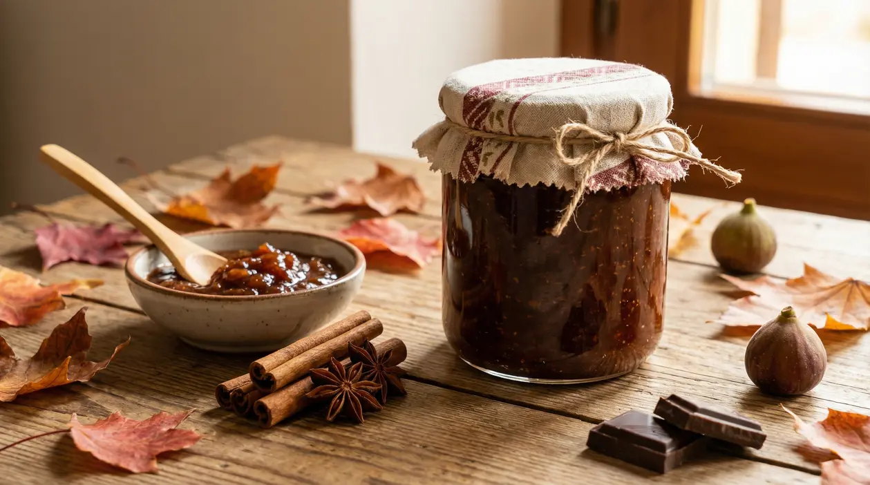 Vasetto di marmellata autunnale con fichi, cioccolato e spezie su tavolo rustico