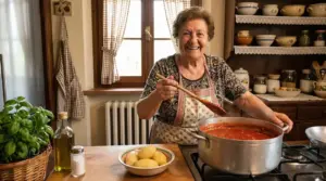 Una persona cucina sugo rosso in una pentola grande su un fornello in una cucina rustica