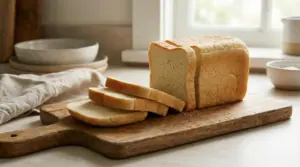 Fette di pancarrè su un tagliere di legno in una cucina luminosa