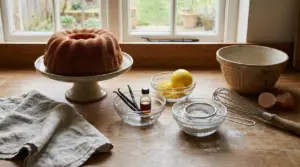 Torta soffice su alzata con ingredienti per dolci su un piano di legno