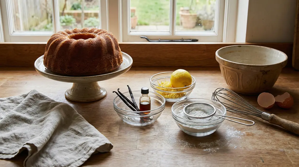 Torta soffice su alzata con ingredienti per dolci su un piano di legno