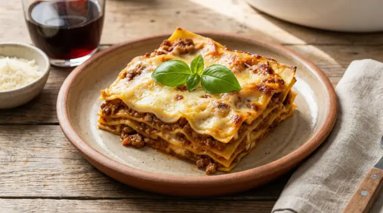 Porzione di lasagna alla bolognese servita su un piatto rustico con foglia di basilico
