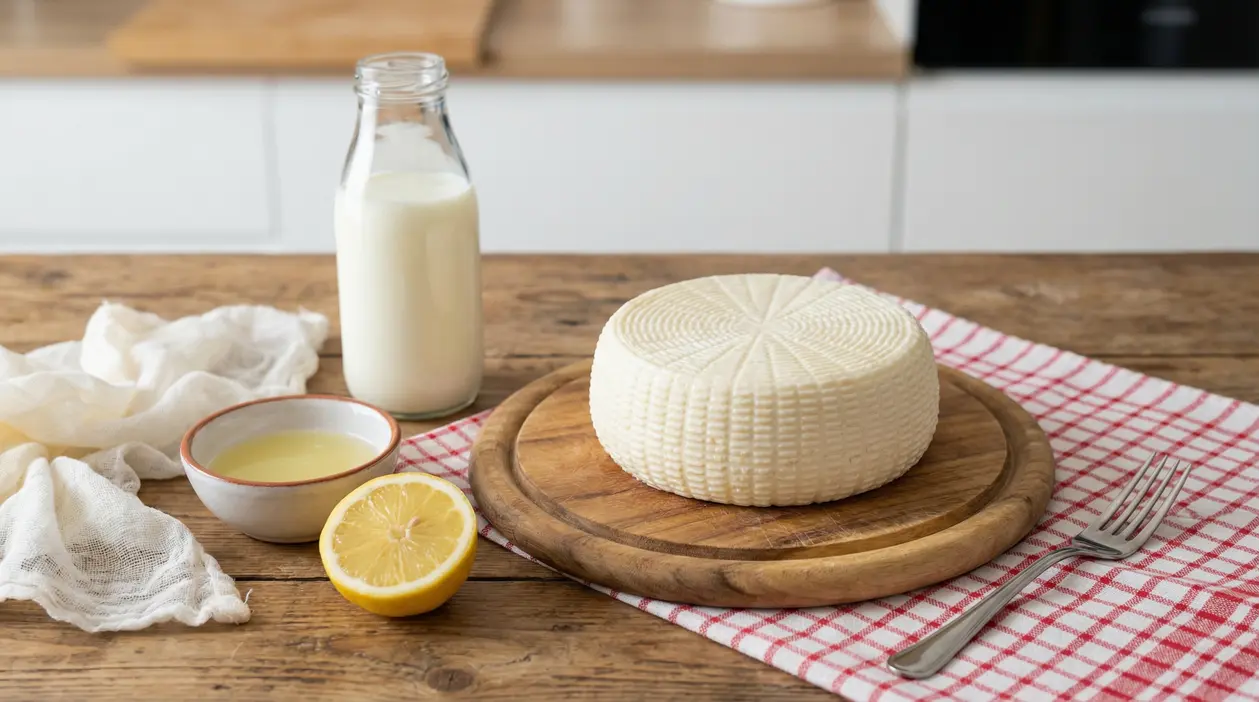 Formaggio primosale su tagliere con bottiglia di latte, succo di limone e canovaccio a quadretti