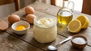 Ingredienti freschi per maionese fatta in casa su un tavolo di legno