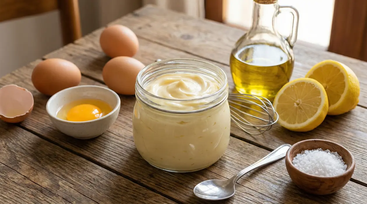 Ingredienti freschi per maionese fatta in casa su un tavolo di legno
