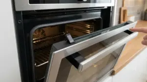 Dettaglio di una mano che indica una manopola sullo sportello aperto di un forno da cucina