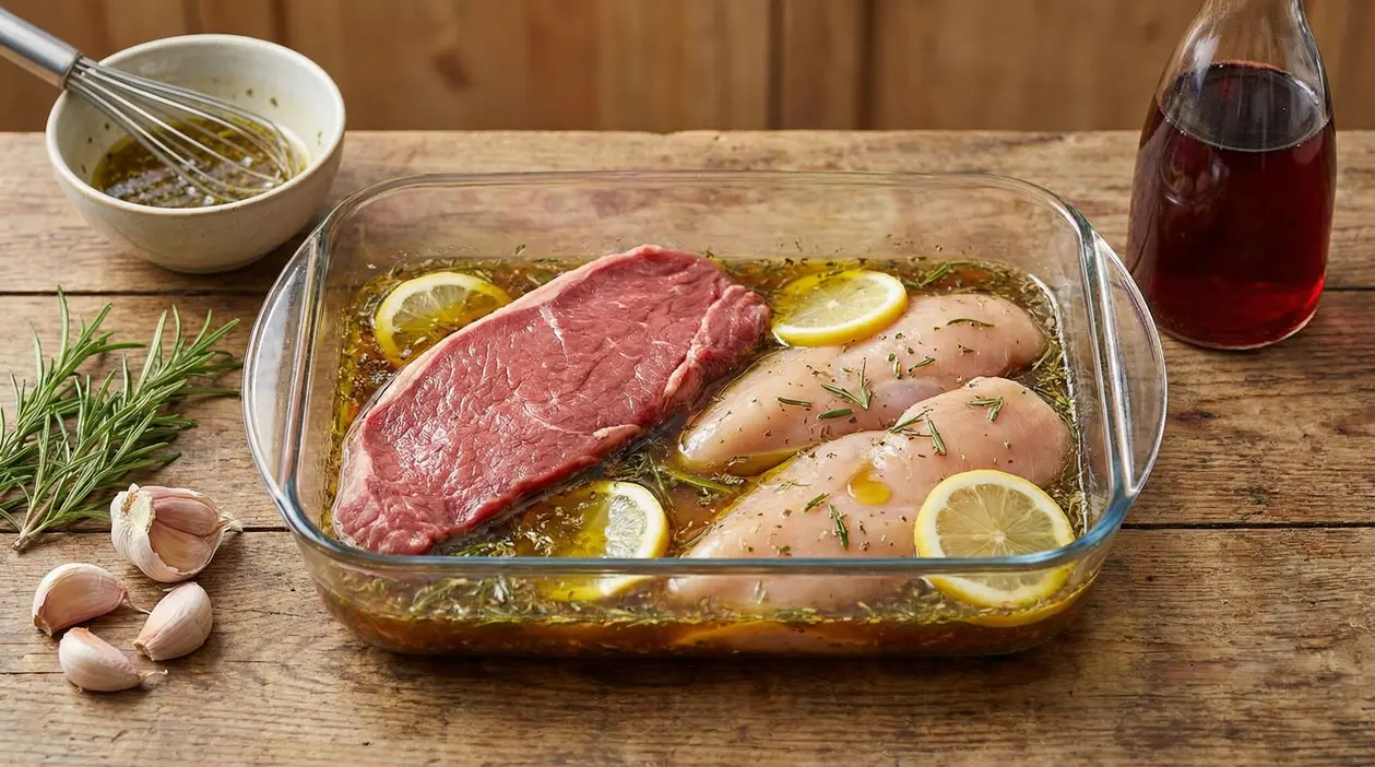 Carne magra immersa in marinatura con limone, rosmarino e aglio in una pirofila di vetro