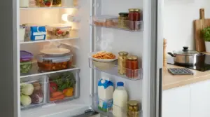 Cibo ancora caldo riposto all'interno di un frigorifero aperto in cucina.