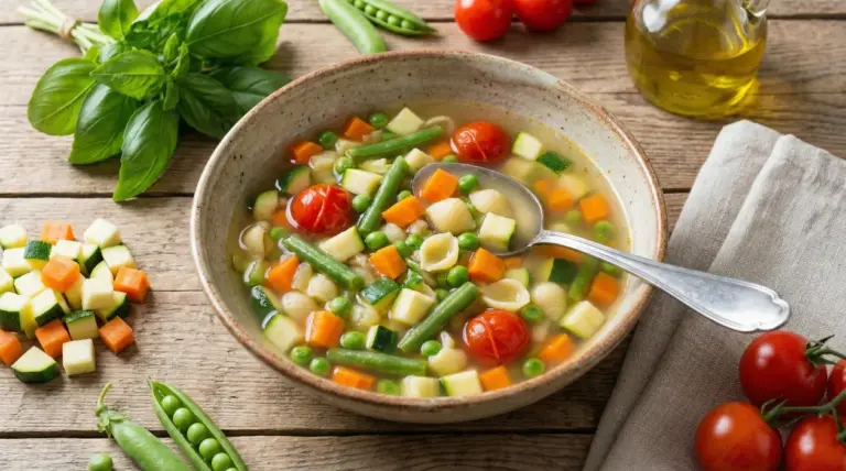 Ciotola di minestrone estivo con verdure fresche come zucchine, carote, piselli e pomodorini