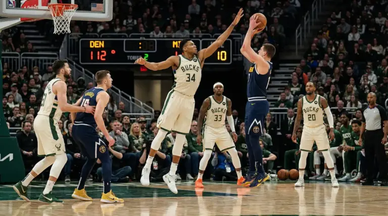 Giocatori dei Milwaukee Bucks e dei Denver Nuggets durante un'azione di gioco in una partita NBA
