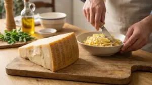 Una persona prepara un piatto di pasta accanto a un pezzo di Parmigiano Reggiano su un tagliere