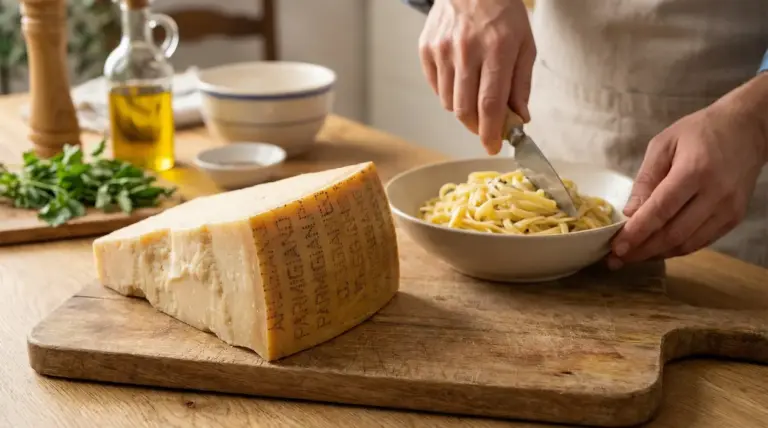 Una persona prepara un piatto di pasta accanto a un pezzo di Parmigiano Reggiano su un tagliere