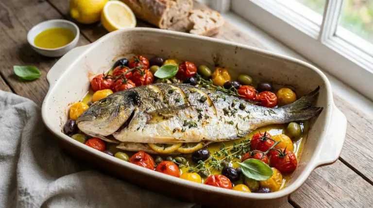 Orata al forno con pomodorini, olive e erbe aromatiche in una teglia su un tavolo rustico