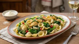 Piatto di orecchiette con cime di rapa servito su un tavolo rustico