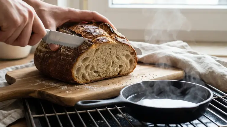 Pane fatto in casa con crosta croccante tagliato su un tagliere di legno, accanto a una padella con vapore