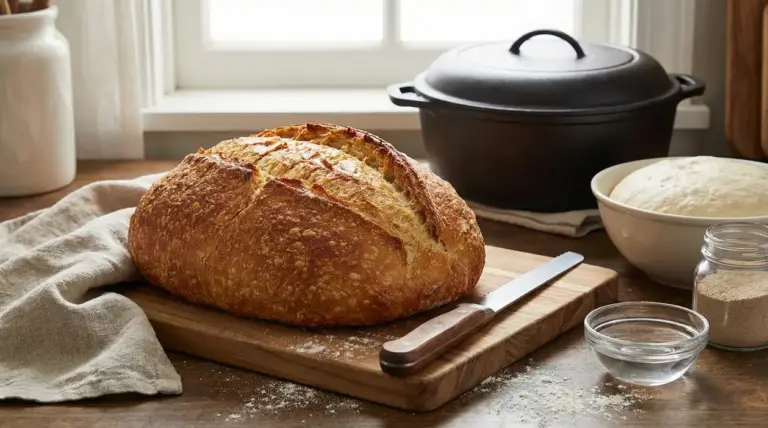 Pagnotta di pane dorata e croccante appoggiata su un tagliere di legno in cucina