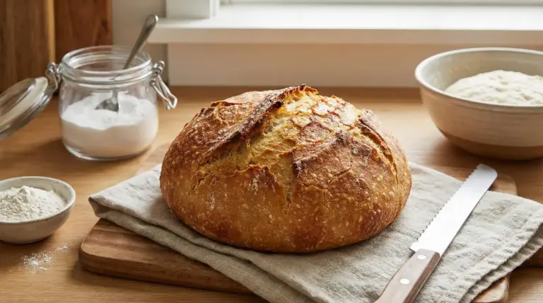 Pane fatto in casa senza lievito su tagliere con coltello e ingredienti