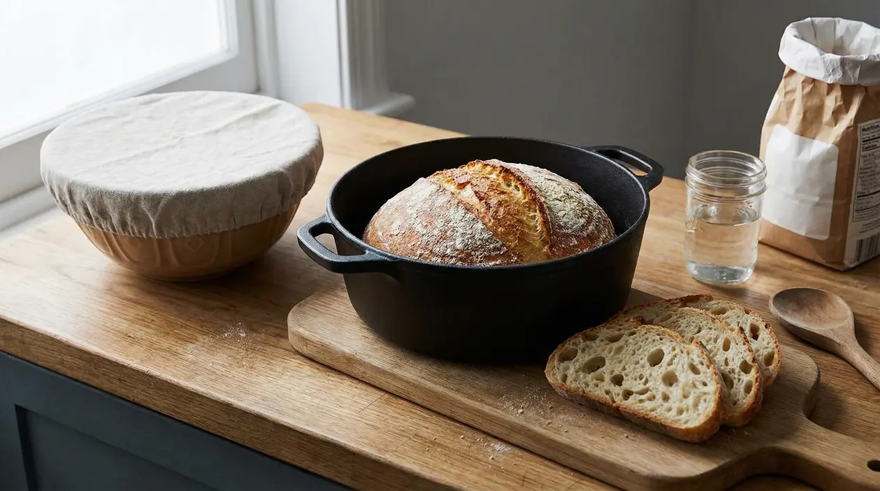 Pane senza impasto cotto in pentola di ghisa con fette su tagliere di legno