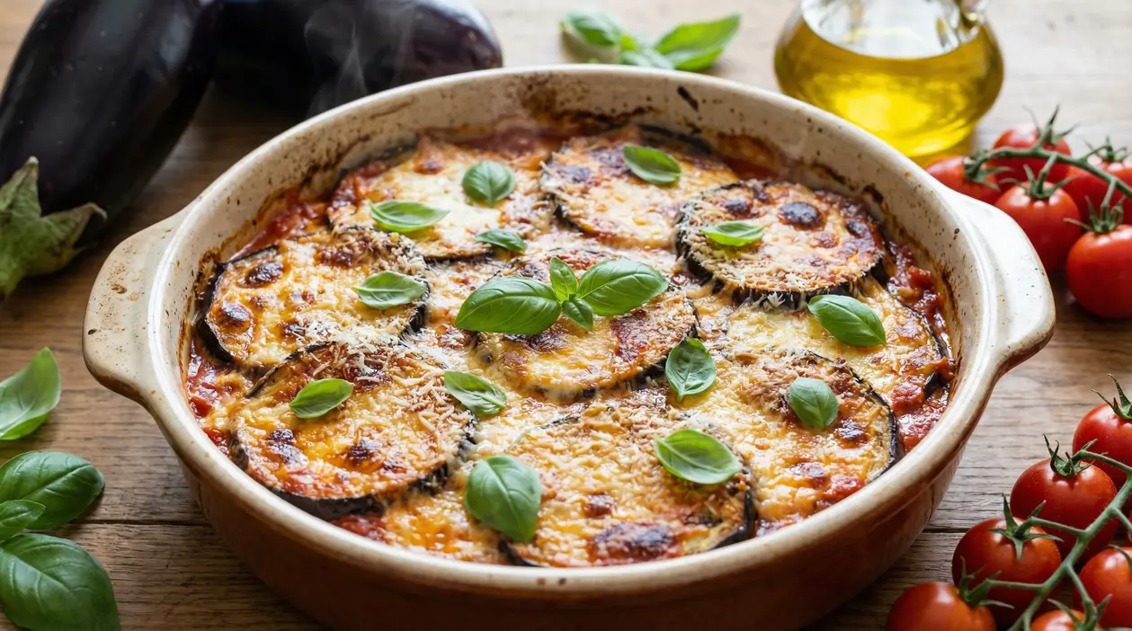 Parmigiana di melanzane appena sfornata in una pirofila con basilico fresco