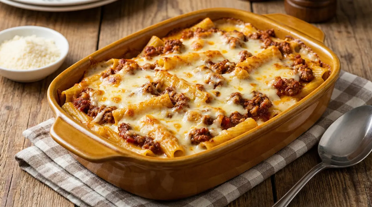 Pasta al forno con besciamella e ragù in una teglia di ceramica su un tavolo rustico