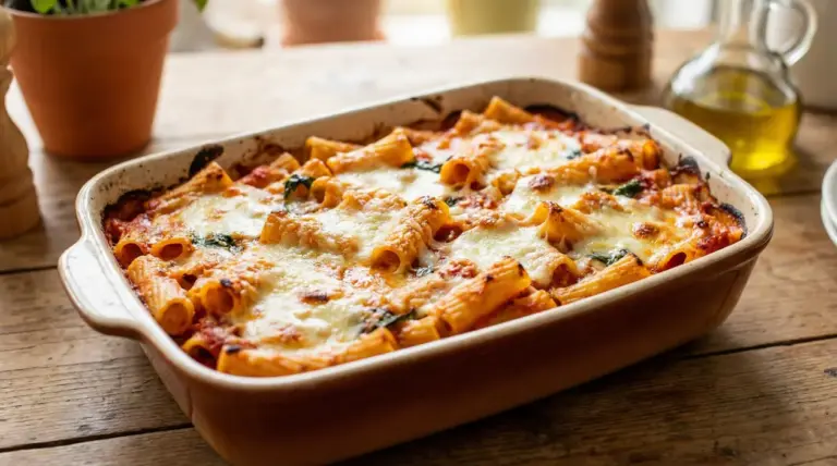 Pasta al forno appena sfornata in una teglia rustica su un tavolo di legno