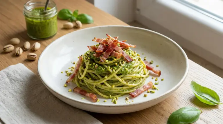 Piatto di spaghetti al pesto di pistacchi con speck croccante su tavolo di legno