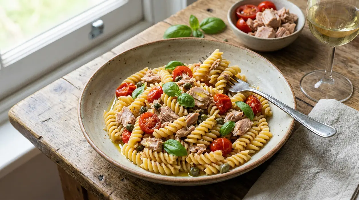 Piatto di pasta al tonno con pomodorini, capperi e basilico su tavolo rustico