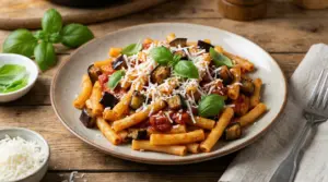 Piatto di pasta alla Norma con melanzane fritte, ricotta salata e foglie di basilico