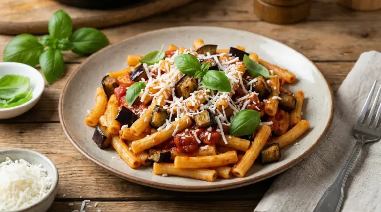 Piatto di pasta alla Norma con melanzane fritte, ricotta salata e foglie di basilico