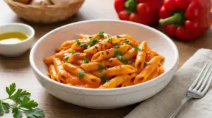Piatto di penne alla crema di peperoni guarnite con prezzemolo fresco