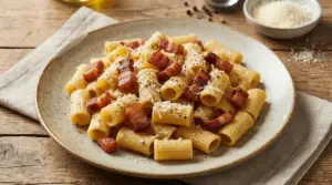 Piatto di pasta alla gricia con guanciale croccante e pepe nero su un tavolo rustico