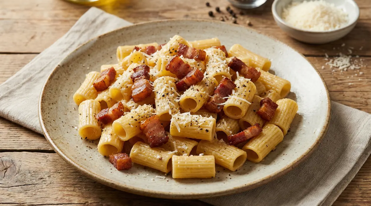 Piatto di pasta alla gricia con guanciale croccante e pepe nero su un tavolo rustico
