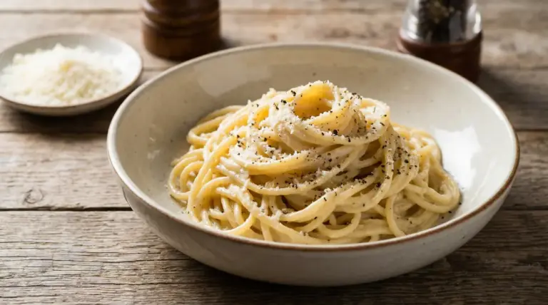 Piatto di spaghetti cacio e pepe servito in una ciotola di ceramica su tavolo rustico