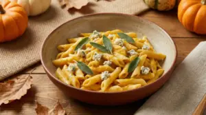 Piatto di pasta con crema di zucca, gorgonzola e foglie di salvia su tavolo autunnale