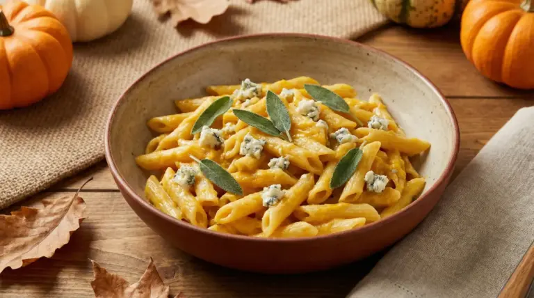 Piatto di pasta con crema di zucca, gorgonzola e foglie di salvia su tavolo autunnale