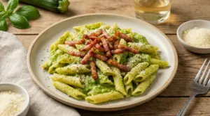 Piatto di pasta con crema di zucchine e pancetta croccante su tavola rustica