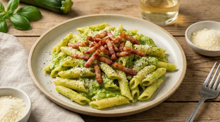 Piatto di pasta con crema di zucchine e pancetta croccante su tavola rustica