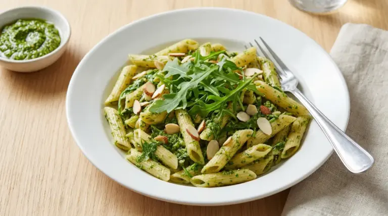 Piatto di pasta con pesto di rucola e mandorle, guarnito con rucola fresca