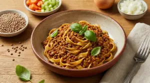 Tagliatelle con ragù di lenticchie in un piatto rustico con ingredienti freschi sullo sfondo