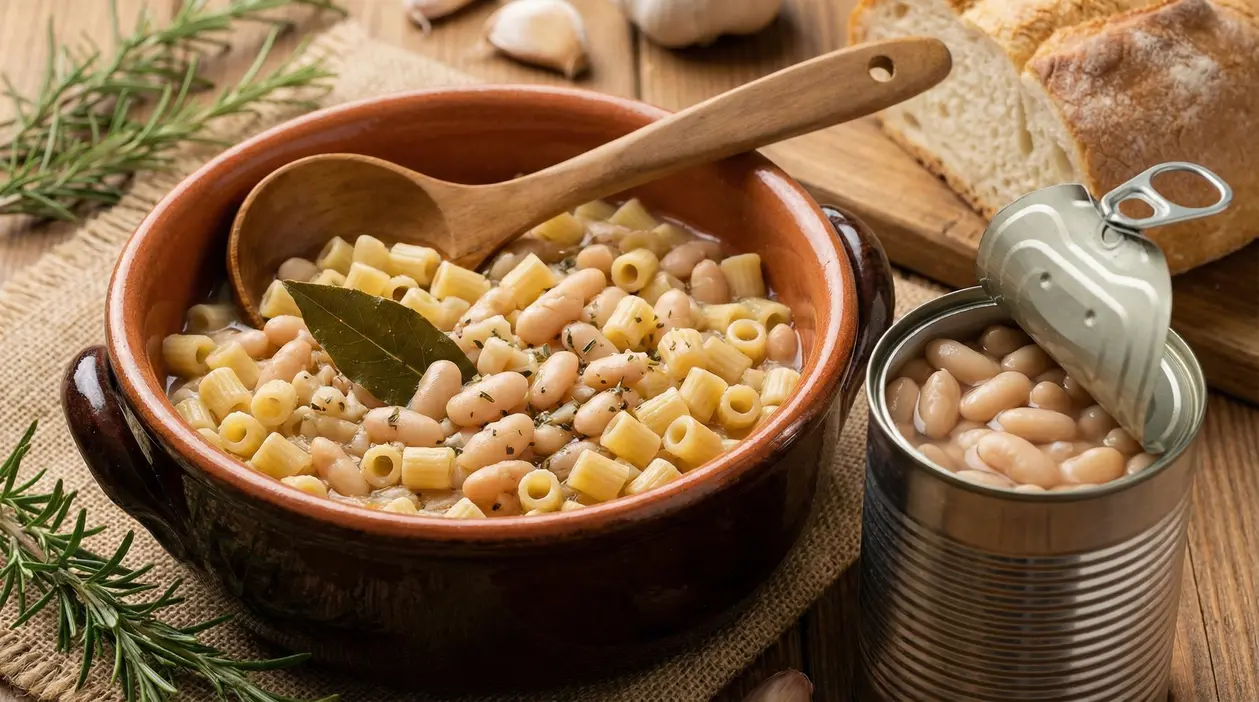 Ciotola di pasta e fagioli con fagioli in scatola e pane su un tavolo rustico