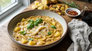 Piatto di pasta e patate servito con olio d'oliva e basilico fresco