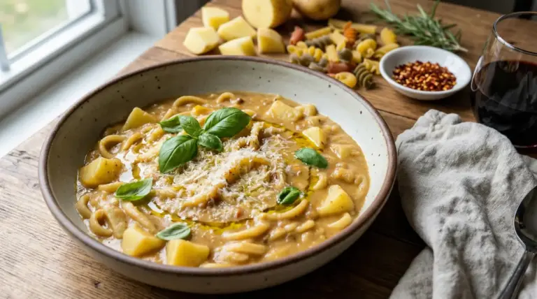 Piatto di pasta e patate servito con olio d'oliva e basilico fresco