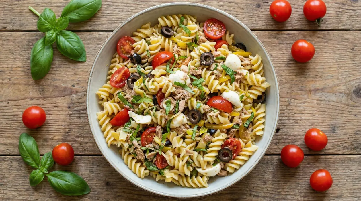 Piatto di pasta fredda con pomodorini, olive, tonno e basilico su tavolo rustico