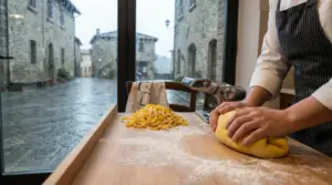 Persona che impasta pasta fresca accanto a una finestra con vista su una strada bagnata dalla pioggia