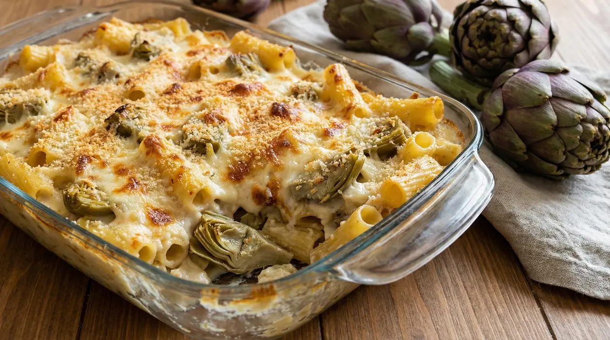 Pasta gratinata con besciamella e carciofi in una pirofila di vetro su tavolo di legno