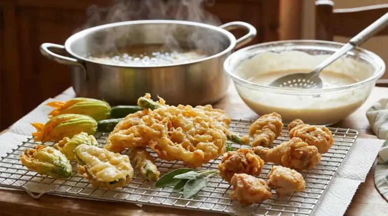 Frittura dorata e croccante su griglia con ciotola di pastella e pentola d'olio sullo sfondo